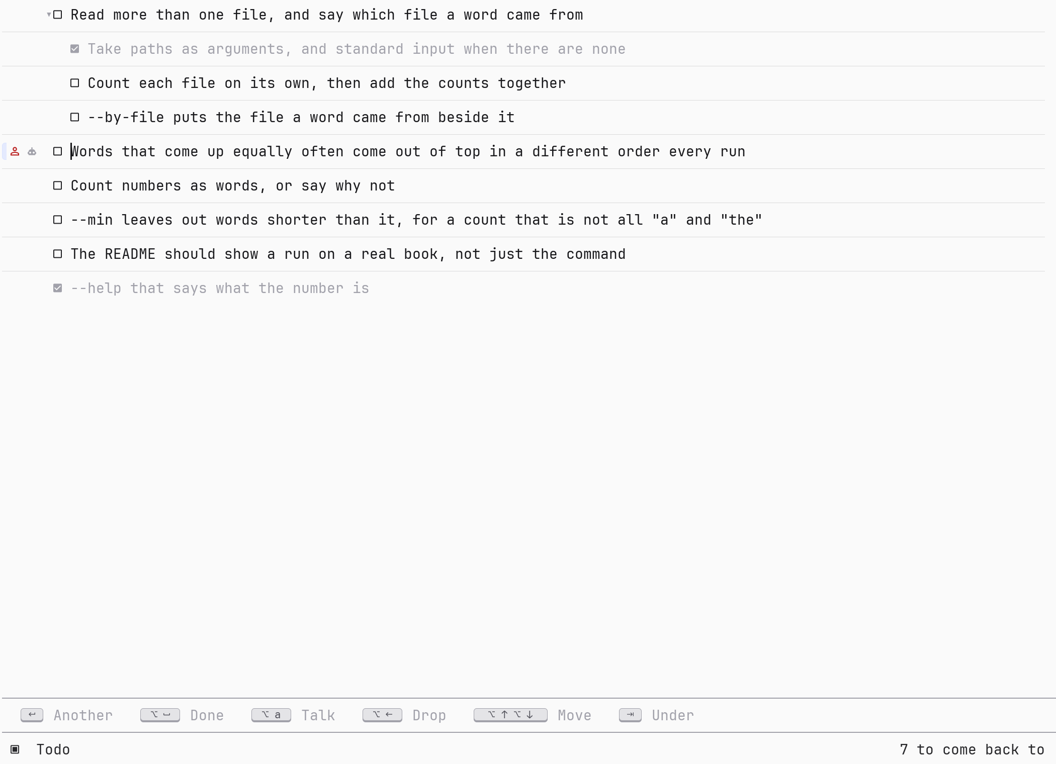 The notes page: notes with steps under one of them, some ticked, and a mark beside the note that has a conversation.