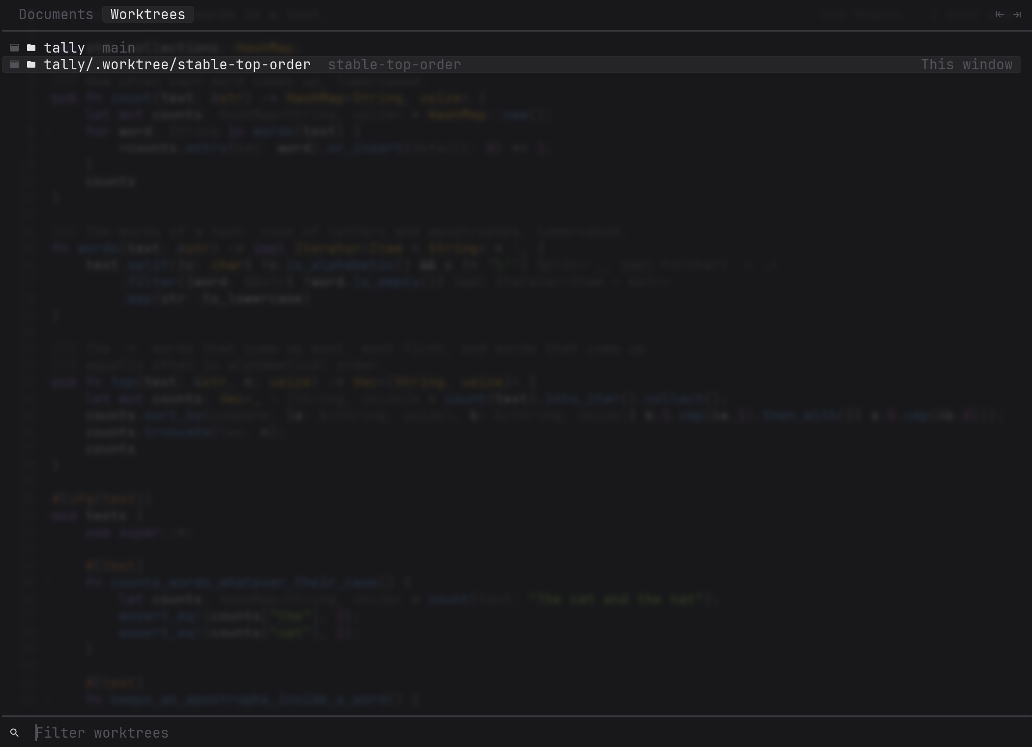The Worktrees tab: the main checkout and the agent's worktree, both with a window open.