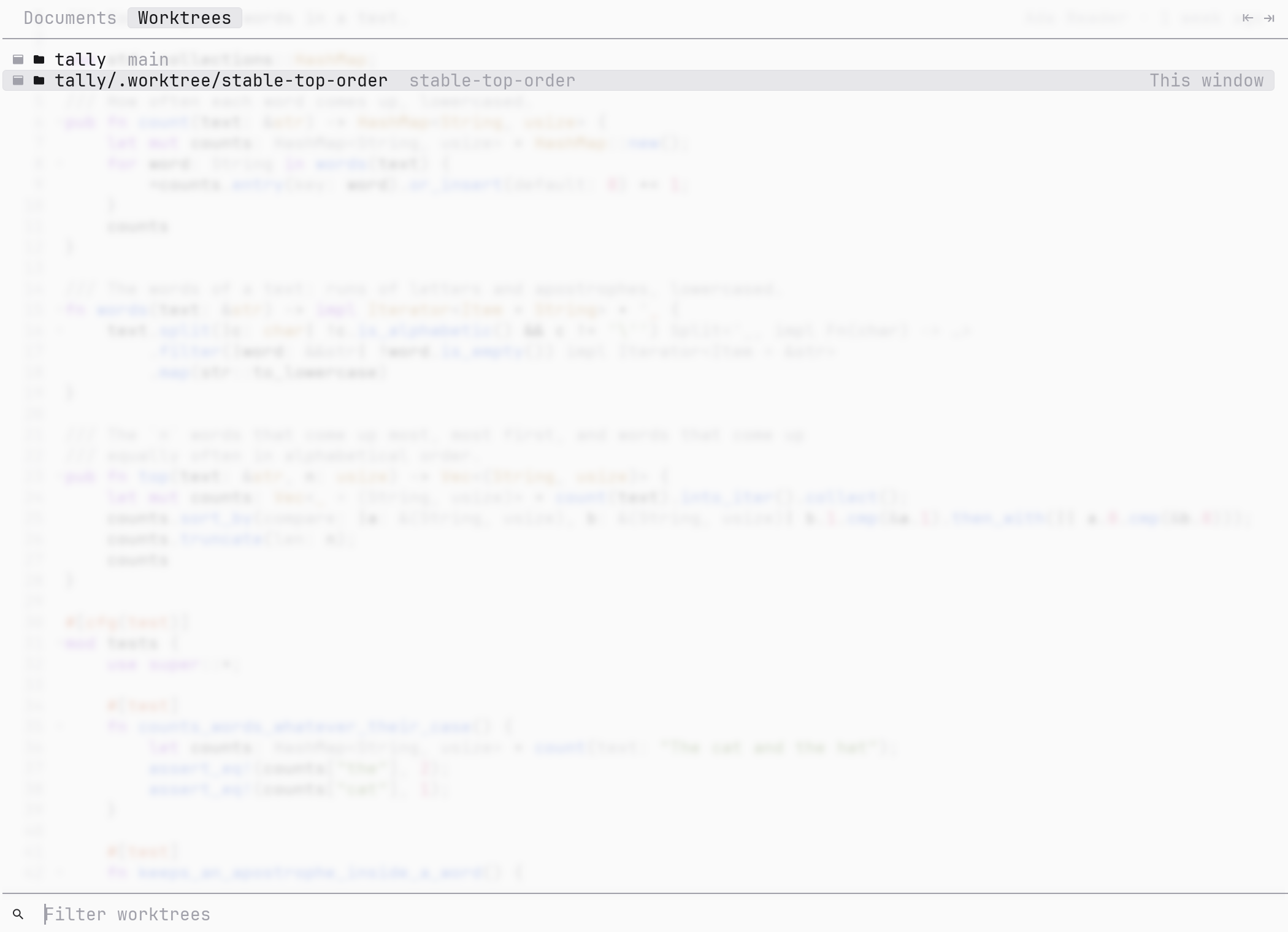 The Worktrees tab: the main checkout and the agent's worktree, both with a window open.